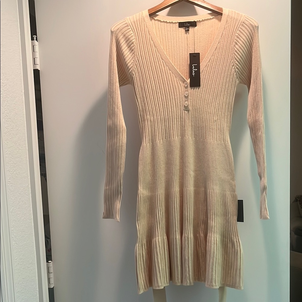 NWTs Lulu's Beige Ribbed Knit Long Sleeve Dress W/Tie Belt Woman Size M